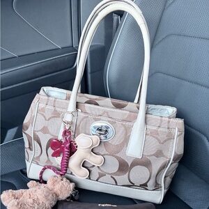 Coach Beige Signature Pattern Tote with Cream Handles